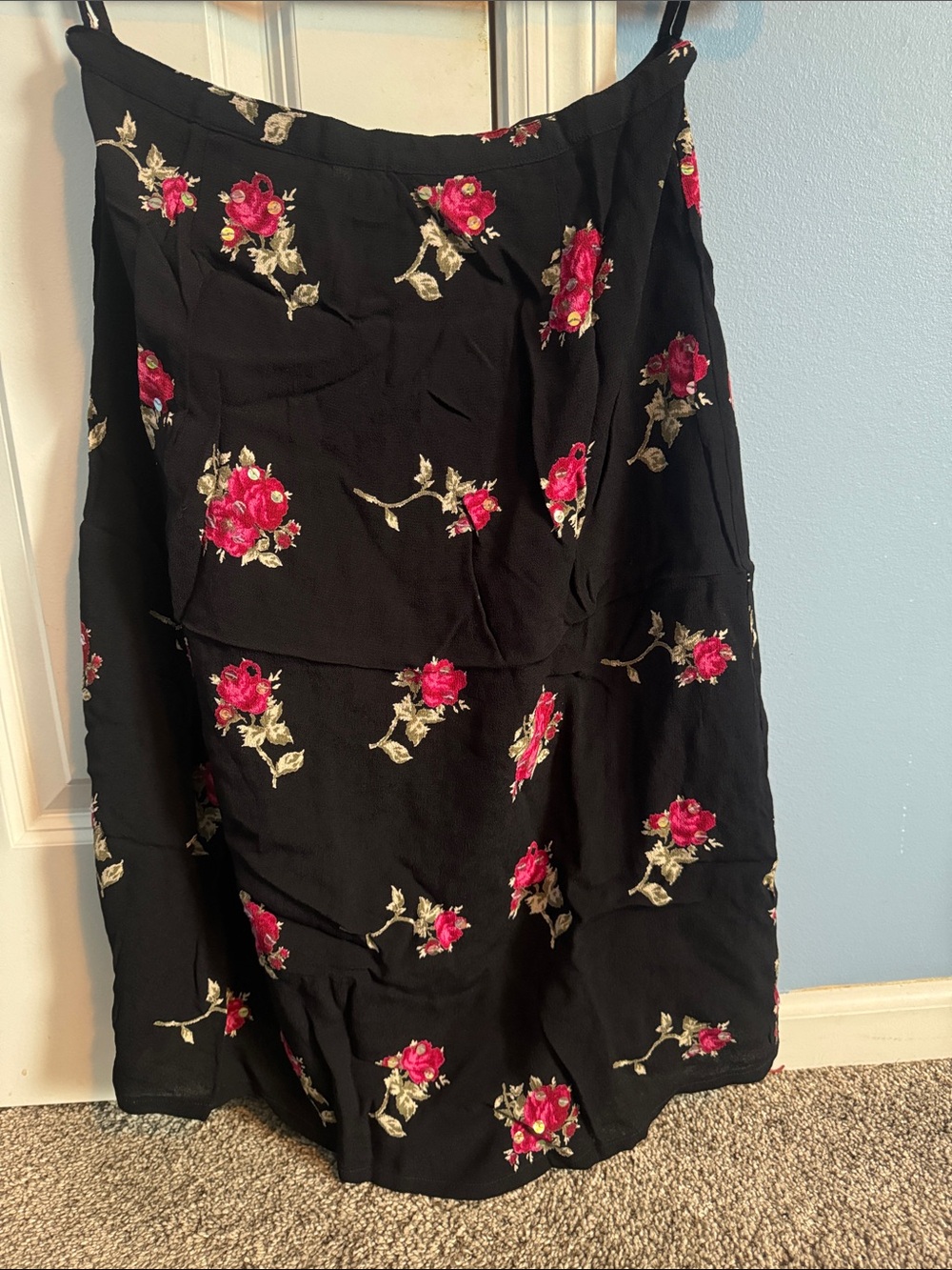 Vintage Black Midi Skirt with Rose Floral Print